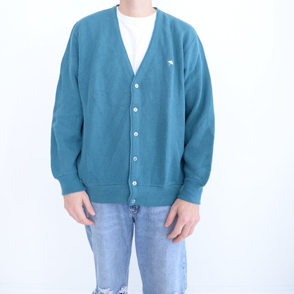 Vintage '80S Arnold Palmer Teal Wool Fine Knit Button Up Cardigan Sweater Large